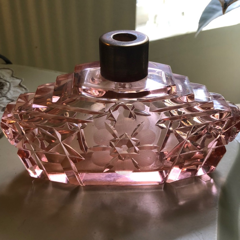Gorgeous Antique Art Deco heavy Pink Glass Perfume Bottle- without stopper